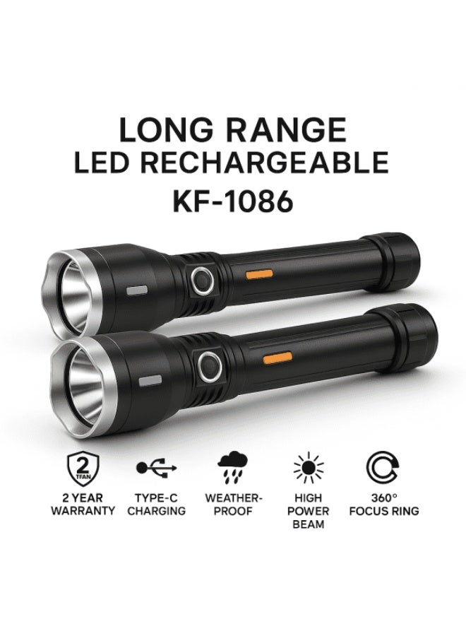 مصباح يدوي LED بعيد المدى قابل لإعادة الشحن مع منفذ شحن من نوع Type-C. - Image 1